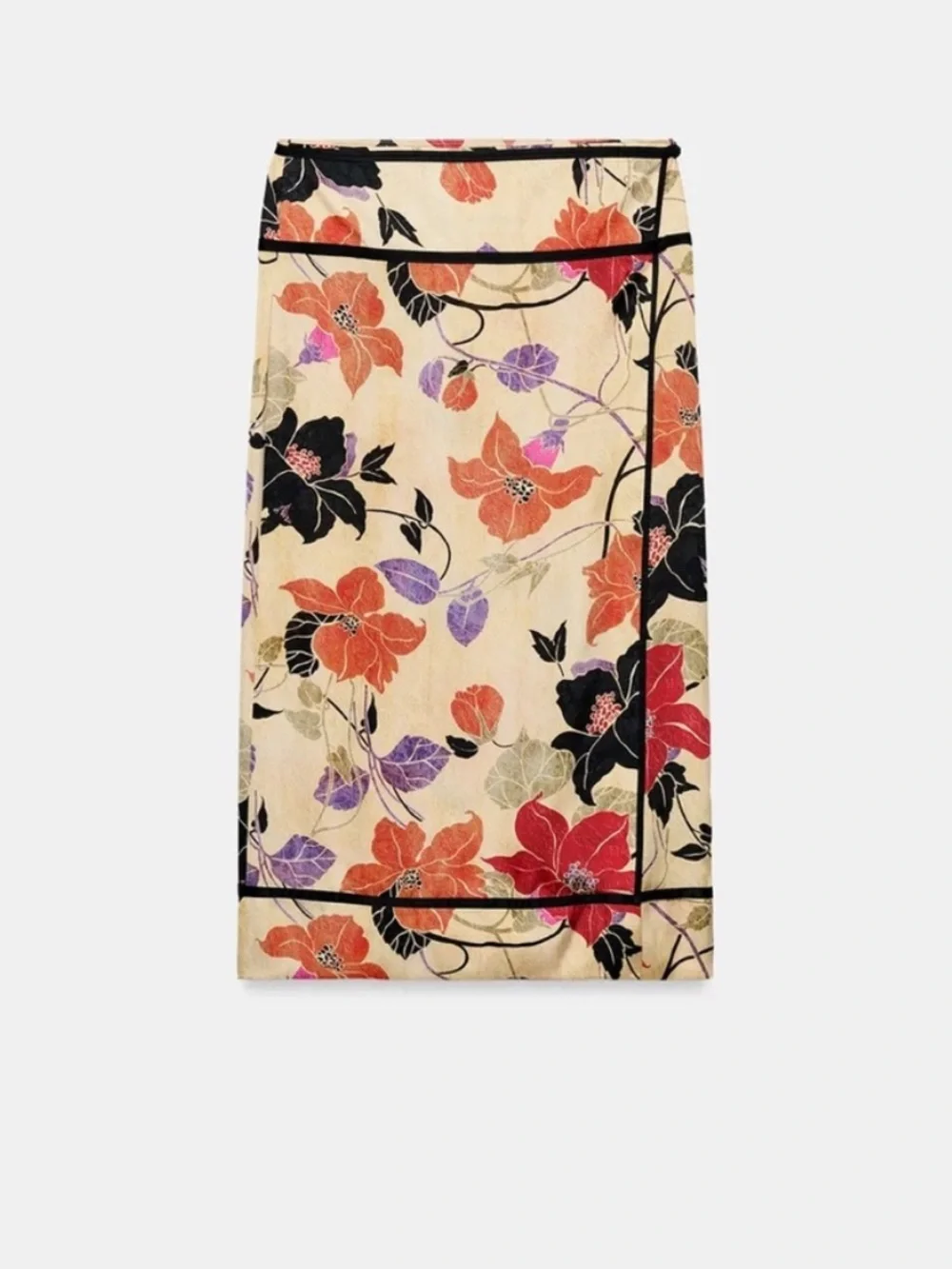 Zara Cream Floral Pencil Skirt with Red, Orange, Black & Purple Blooms